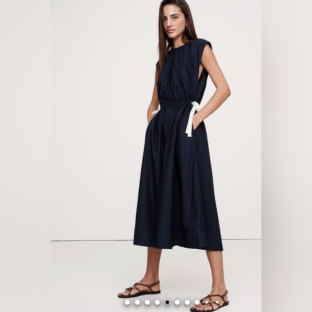 NWT-Banana  Republic Navy Cotton Poplin Tie Waist Midi Dress, Medium